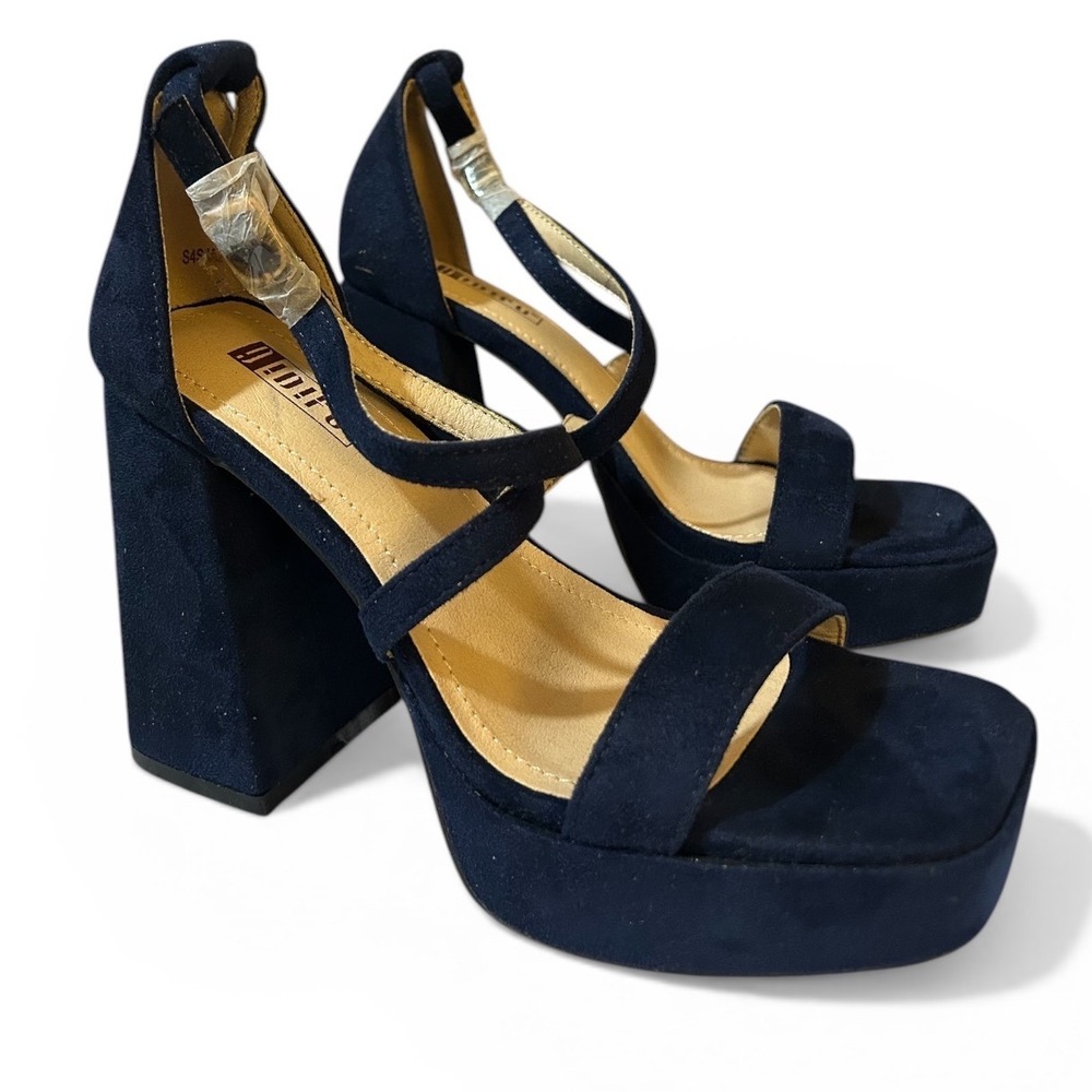 IDIFU Navy Blue Faux Suede Platform Block Heel Sandals Square‎ Toe S4SJA24FAY 5